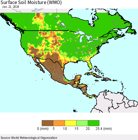 North America Surface Soil Moisture (WMO) Thematic Map For 1/15/2024 - 1/21/2024