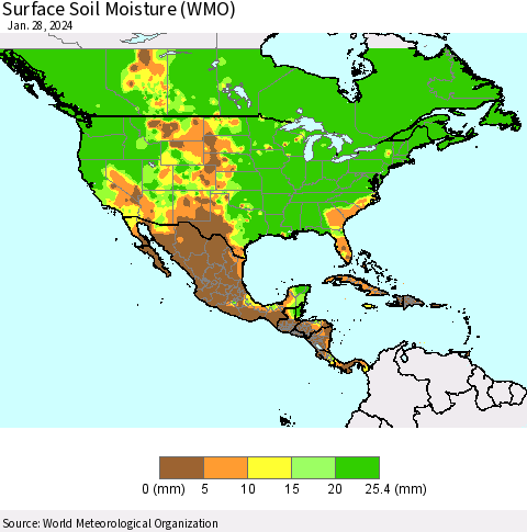North America Surface Soil Moisture (WMO) Thematic Map For 1/22/2024 - 1/28/2024