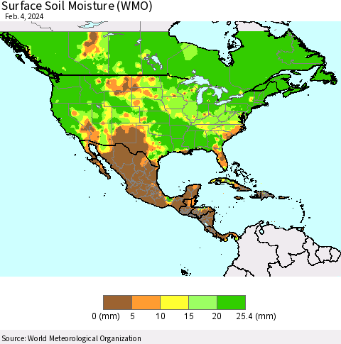 North America Surface Soil Moisture (WMO) Thematic Map For 1/29/2024 - 2/4/2024