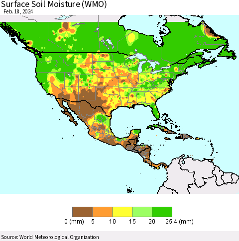North America Surface Soil Moisture (WMO) Thematic Map For 2/12/2024 - 2/18/2024
