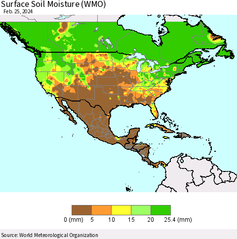 North America Surface Soil Moisture (WMO) Thematic Map For 2/19/2024 - 2/25/2024