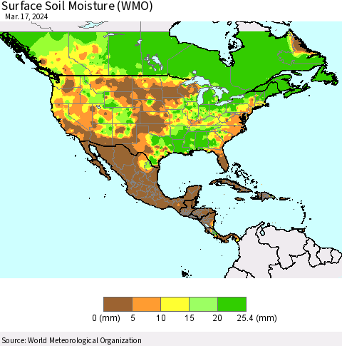North America Surface Soil Moisture (WMO) Thematic Map For 3/11/2024 - 3/17/2024