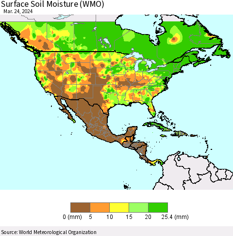 North America Surface Soil Moisture (WMO) Thematic Map For 3/18/2024 - 3/24/2024