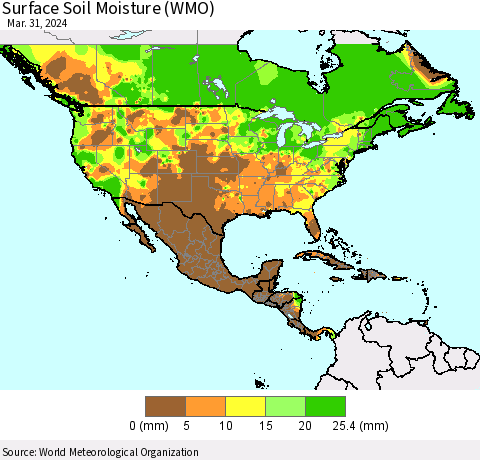 North America Surface Soil Moisture (WMO) Thematic Map For 3/25/2024 - 3/31/2024