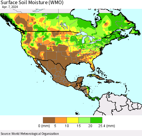 North America Surface Soil Moisture (WMO) Thematic Map For 4/1/2024 - 4/7/2024