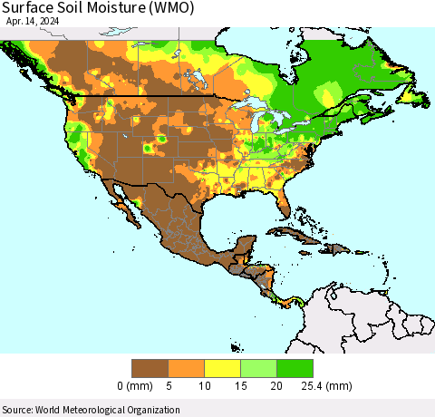 North America Surface Soil Moisture (WMO) Thematic Map For 4/8/2024 - 4/14/2024