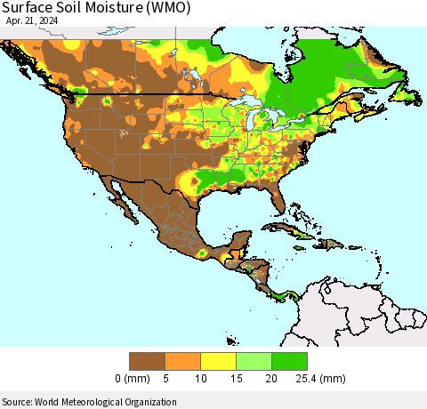 North America Surface Soil Moisture (WMO) Thematic Map For 4/15/2024 - 4/21/2024