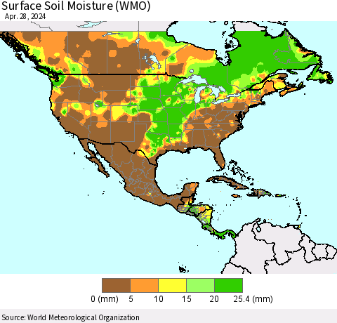 North America Surface Soil Moisture (WMO) Thematic Map For 4/22/2024 - 4/28/2024