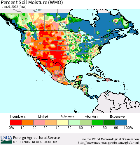 North America Percent Soil Moisture (WMO) Thematic Map For 1/3/2022 - 1/9/2022