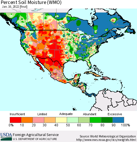 North America Percent Soil Moisture (WMO) Thematic Map For 1/10/2022 - 1/16/2022