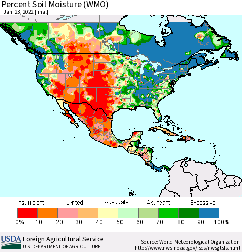 North America Percent Soil Moisture (WMO) Thematic Map For 1/17/2022 - 1/23/2022