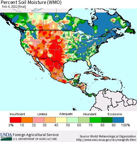 North America Percent Soil Moisture (WMO) Thematic Map For 1/31/2022 - 2/6/2022