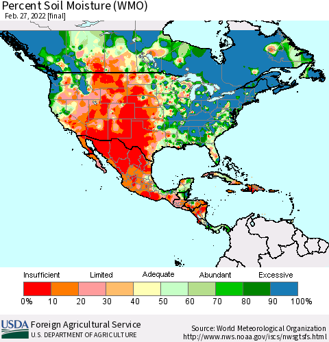 North America Percent Soil Moisture (WMO) Thematic Map For 2/21/2022 - 2/27/2022