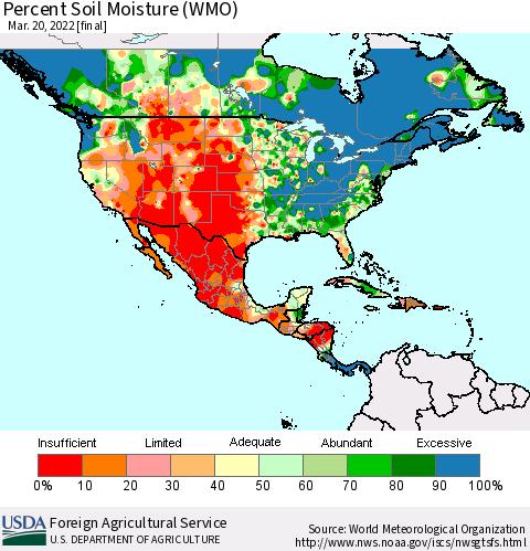 North America Percent Soil Moisture (WMO) Thematic Map For 3/14/2022 - 3/20/2022
