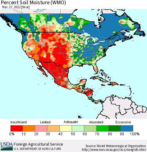 North America Percent Soil Moisture (WMO) Thematic Map For 3/21/2022 - 3/27/2022