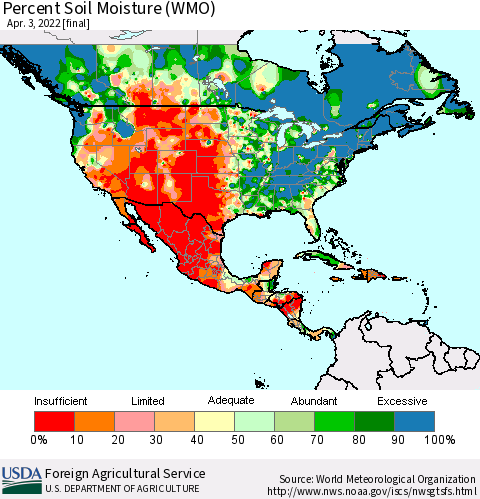 North America Percent Soil Moisture (WMO) Thematic Map For 3/28/2022 - 4/3/2022