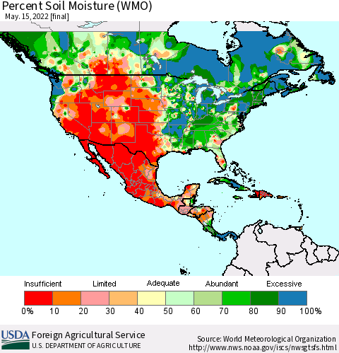 North America Percent Soil Moisture (WMO) Thematic Map For 5/9/2022 - 5/15/2022