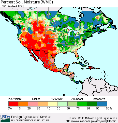 North America Percent Soil Moisture (WMO) Thematic Map For 5/16/2022 - 5/22/2022