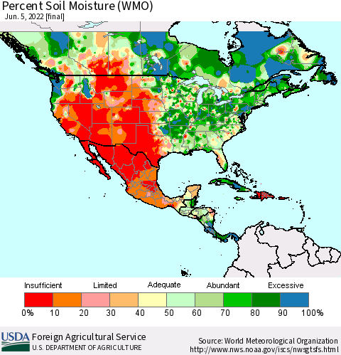 North America Percent Soil Moisture (WMO) Thematic Map For 5/30/2022 - 6/5/2022