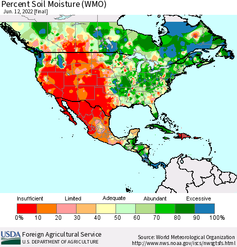 North America Percent Soil Moisture (WMO) Thematic Map For 6/6/2022 - 6/12/2022