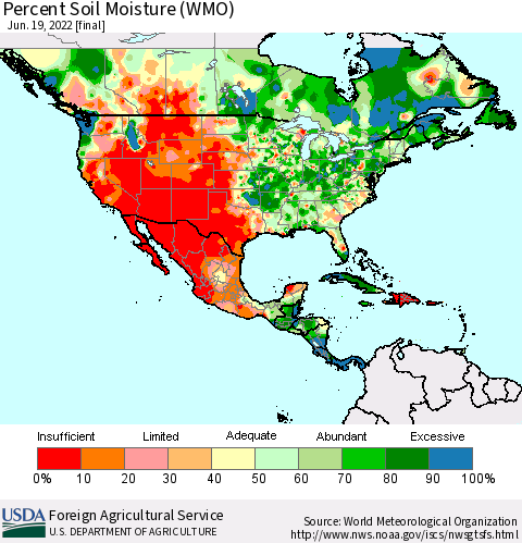 North America Percent Soil Moisture (WMO) Thematic Map For 6/13/2022 - 6/19/2022