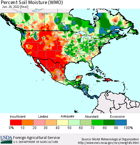 North America Percent Soil Moisture (WMO) Thematic Map For 6/20/2022 - 6/26/2022