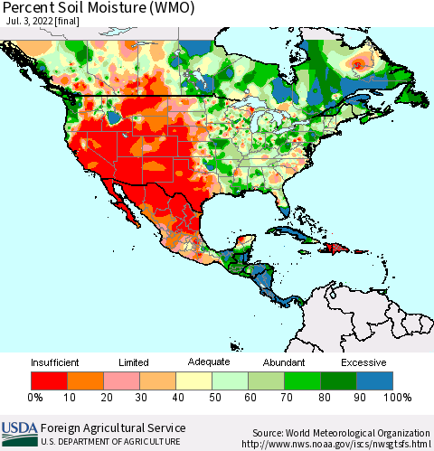 North America Percent Soil Moisture (WMO) Thematic Map For 6/27/2022 - 7/3/2022