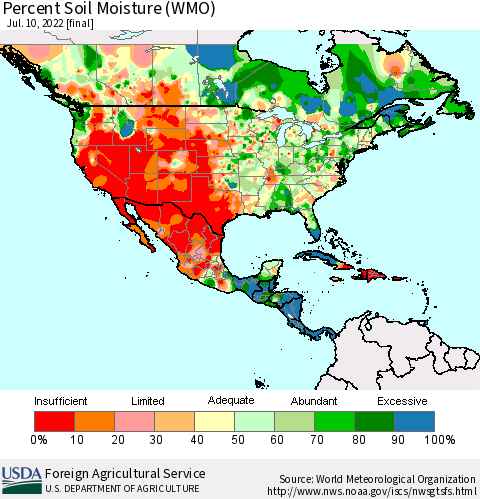 North America Percent Soil Moisture (WMO) Thematic Map For 7/4/2022 - 7/10/2022