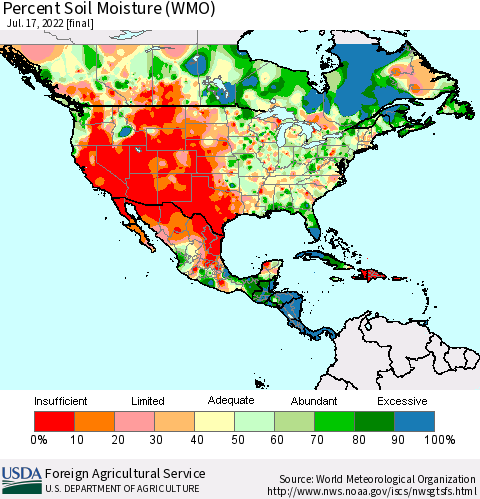 North America Percent Soil Moisture (WMO) Thematic Map For 7/11/2022 - 7/17/2022