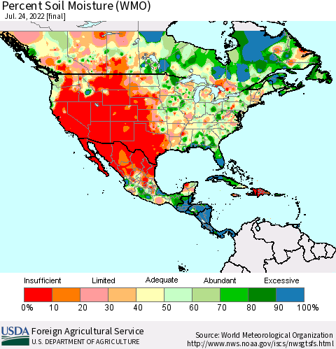 North America Percent Soil Moisture (WMO) Thematic Map For 7/18/2022 - 7/24/2022