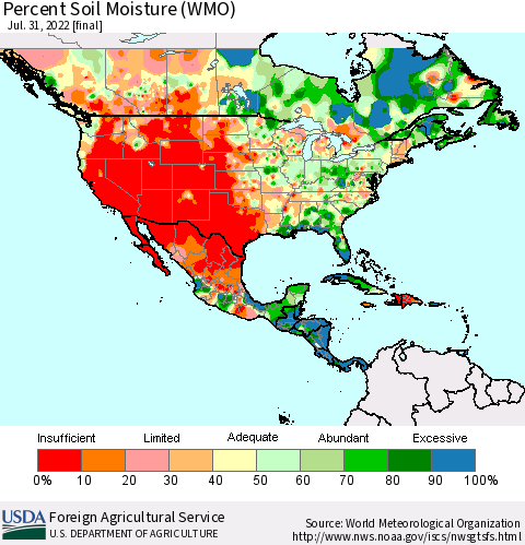 North America Percent Soil Moisture (WMO) Thematic Map For 7/25/2022 - 7/31/2022