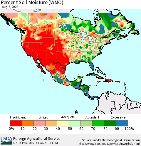 North America Percent Soil Moisture (WMO) Thematic Map For 8/1/2022 - 8/7/2022