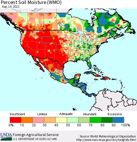 North America Percent Soil Moisture (WMO) Thematic Map For 8/8/2022 - 8/14/2022