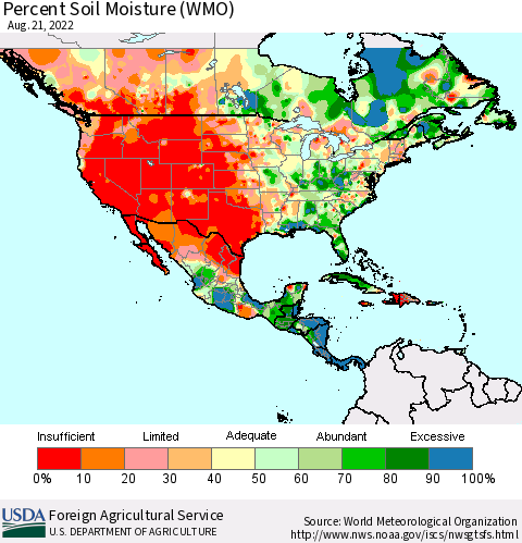 North America Percent Soil Moisture (WMO) Thematic Map For 8/15/2022 - 8/21/2022