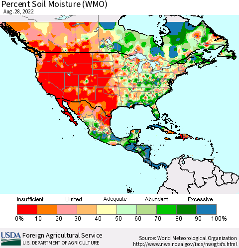 North America Percent Soil Moisture (WMO) Thematic Map For 8/22/2022 - 8/28/2022
