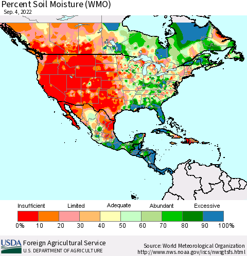 North America Percent Soil Moisture (WMO) Thematic Map For 8/29/2022 - 9/4/2022