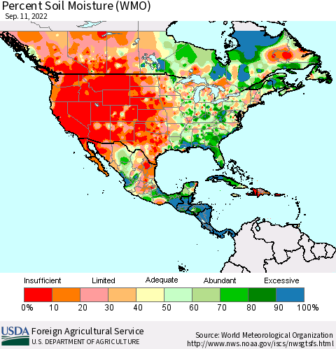 North America Percent Soil Moisture (WMO) Thematic Map For 9/5/2022 - 9/11/2022