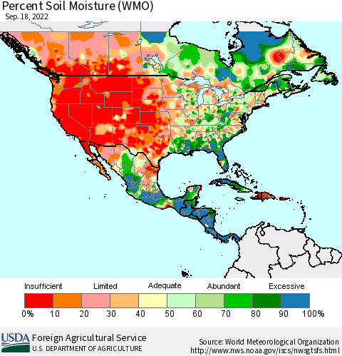 North America Percent Soil Moisture (WMO) Thematic Map For 9/12/2022 - 9/18/2022