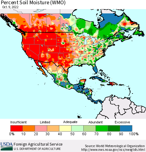 North America Percent Soil Moisture (WMO) Thematic Map For 10/3/2022 - 10/9/2022