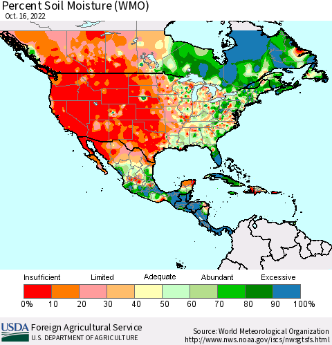 North America Percent Soil Moisture (WMO) Thematic Map For 10/10/2022 - 10/16/2022