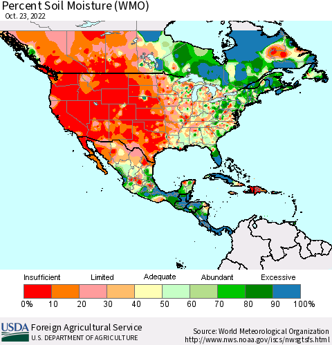 North America Percent Soil Moisture (WMO) Thematic Map For 10/17/2022 - 10/23/2022