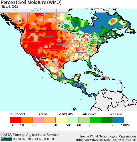 North America Percent Soil Moisture (WMO) Thematic Map For 10/31/2022 - 11/6/2022