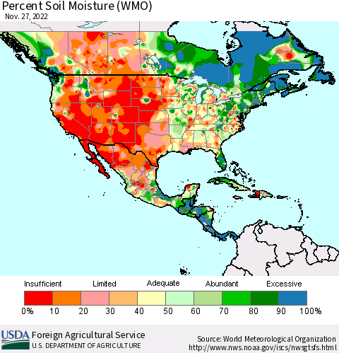 North America Percent Soil Moisture (WMO) Thematic Map For 11/21/2022 - 11/27/2022