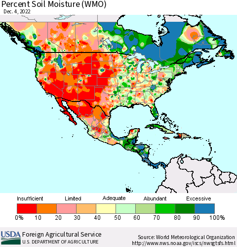 North America Percent Soil Moisture (WMO) Thematic Map For 11/28/2022 - 12/4/2022