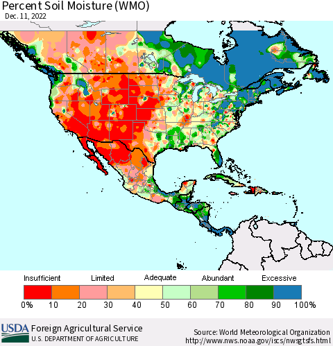 North America Percent Soil Moisture (WMO) Thematic Map For 12/5/2022 - 12/11/2022