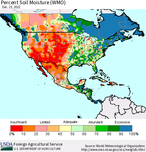 North America Percent Soil Moisture (WMO) Thematic Map For 12/19/2022 - 12/25/2022