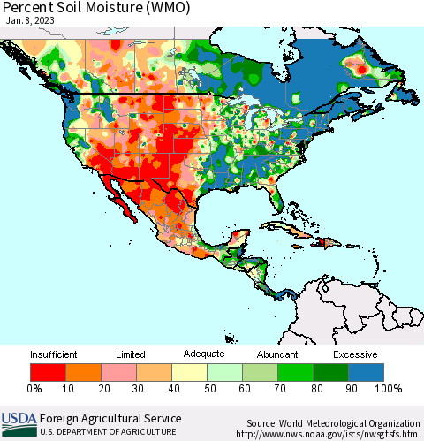 North America Percent Soil Moisture (WMO) Thematic Map For 1/2/2023 - 1/8/2023