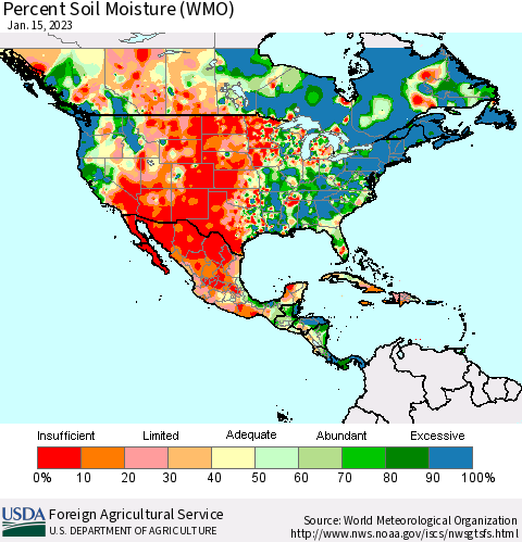 North America Percent Soil Moisture (WMO) Thematic Map For 1/9/2023 - 1/15/2023