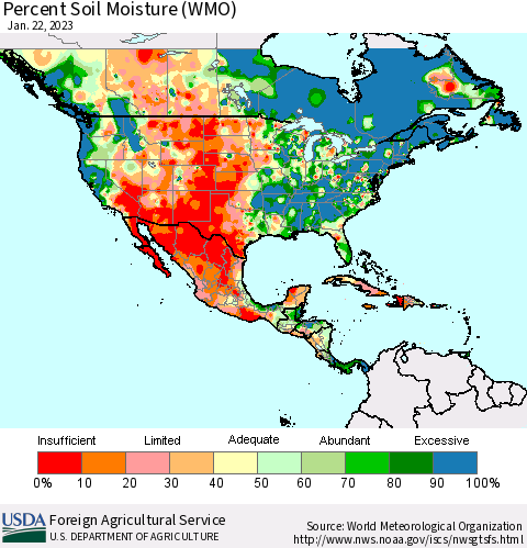 North America Percent Soil Moisture (WMO) Thematic Map For 1/16/2023 - 1/22/2023