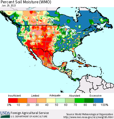 North America Percent Soil Moisture (WMO) Thematic Map For 1/23/2023 - 1/29/2023